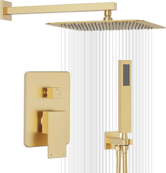 Gabrylly Gold Shower Head, Shower Faucet Set with High Pressure 10 Inch Rain Shower Head and Handheld Spray Combo, All Metal Shower Head Set with Shower Valve Kit, Brushed Gold