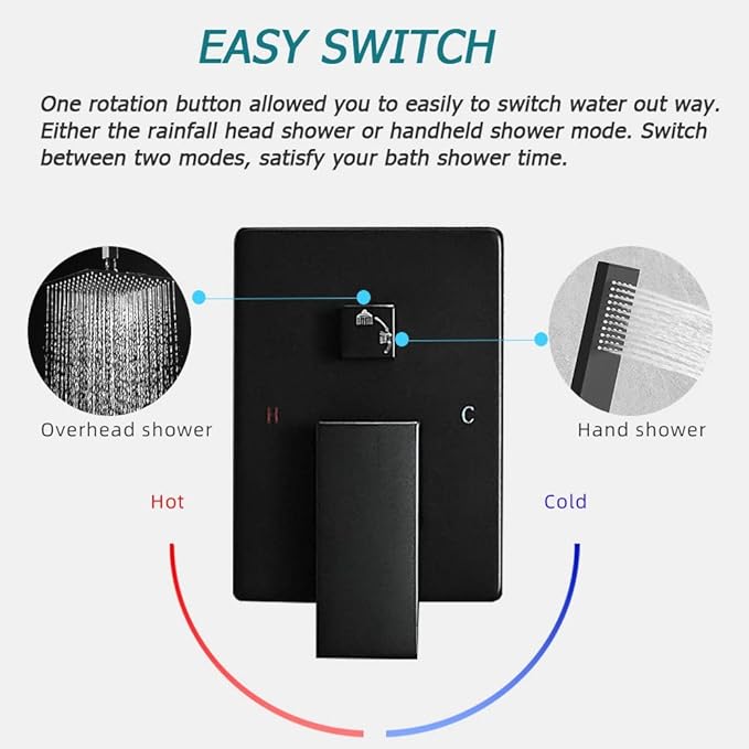 10 Inch Ceiling Mounted Shower System Rain Mixer Shower Combo Set Rainfall Shower Head System Matte Black Shower Faucet Rough-in Valve Body and Trim Included