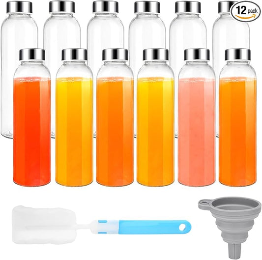 18 oz Glass Juice Bottles with Lids, Glass Juicing Bottles, Reusable Glass Water Bottles with Stainless Steel Airtight Cap for Refrigerator, BPA Free, Leak Proof, Eco-Friendly, Set of 12