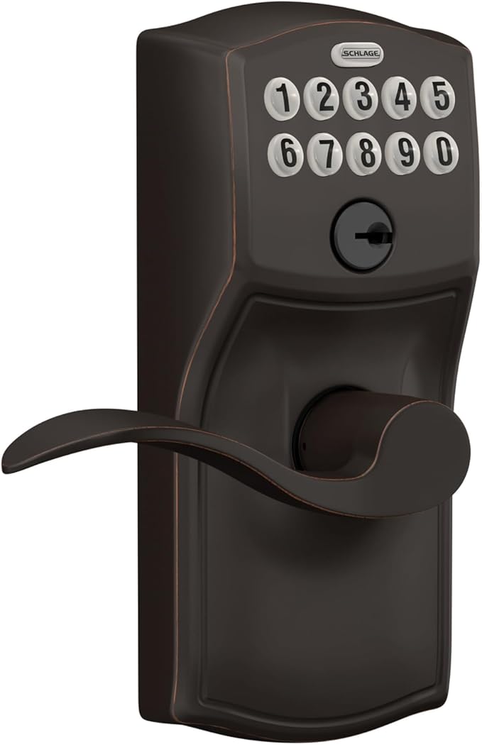 SCHLAGE FE595 CAM 716 ACC Camelot Keypad Entry with Flex-Lock and Accent Levers, Aged Bronze