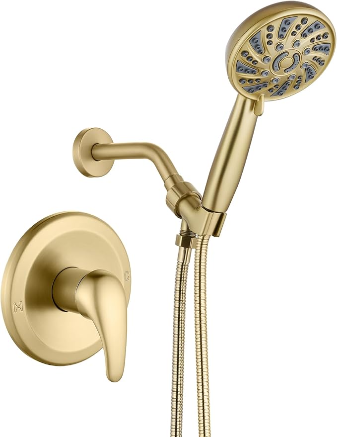 gotonovo Single-Handle Shower Faucet Set Shower Kit with Valve Shower Head and Handle Set Shower Trim Kit with 6 Modes ABS Handheld Shower Fixtures Shower Valve and Trim Kit Brushed Gold