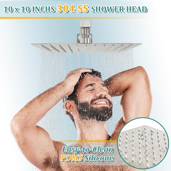 1Pc 304 Stainless Steel Shower Faucet Set, Rain Shower Head with Handheld Spray, Square Shower Head with 3 Setting Handheld Combo and Brass Valve Kit (Brushed Nickel, 10 Inch Rain Shower Head)