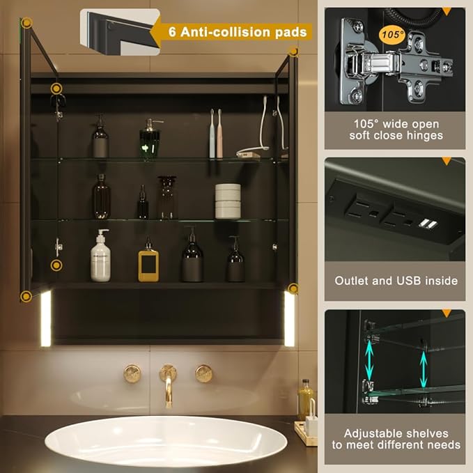 KWW LED Lighted Bathroom Medicine Cabinet with Sockets & USBs, Defogger, Dimmable, 3 Color Light Makeup Mirror, Easy to Install, Wall Mounted Cabinet (31 * 34)