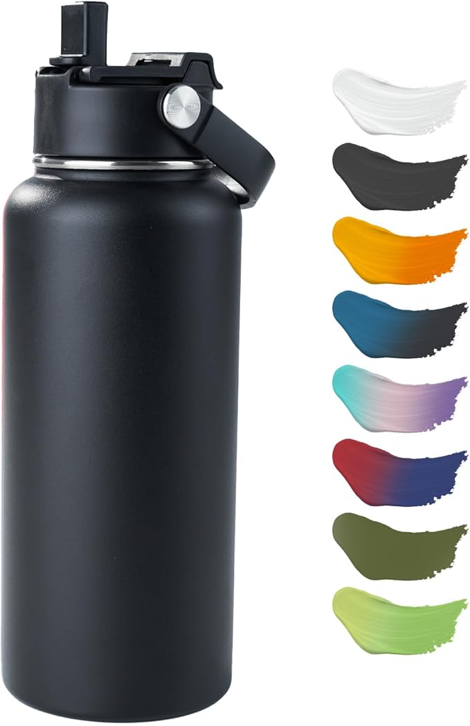 Kerilyn 32oz Stainless Steel Insulated Water Bottle, Double Wall Vacuum, Leak Proof with Silicone Straw, Wide Mouth, BPA Free, Copper Lined, Keep Cold 24h Hot 12h, Black