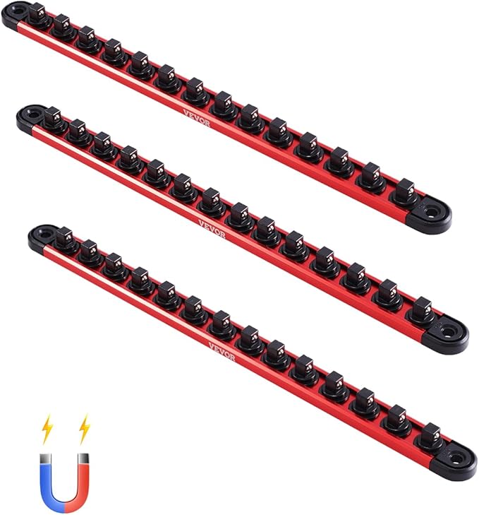 VEVOR Socket Organizer Rail Set, 3PCS Metric & SAE Aluminum Socket Organizers, 1/4'', 3/8'' & 1/2'' Heavy-Duty Socket Holder with 360° Rotating Clips for Tool Box, Hold up to 40 Sockets, Red & Black