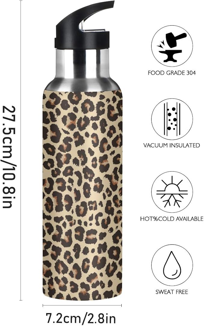 Leopard Water Bottle with Straw Lid for Fitness Gym Camping Outdoor Sports, Wide Mouth Vacuum Insulated 18/8 Stainless Steel, 22 oz