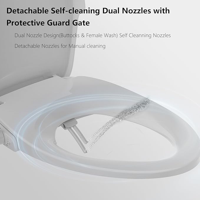 Non-Electric Bidet Toilet Seat - Fits Existing Elongated Toilets, White, Dual Nozzle System, Slow-Close, Self-Cleaning Nozzles, Easy Installation