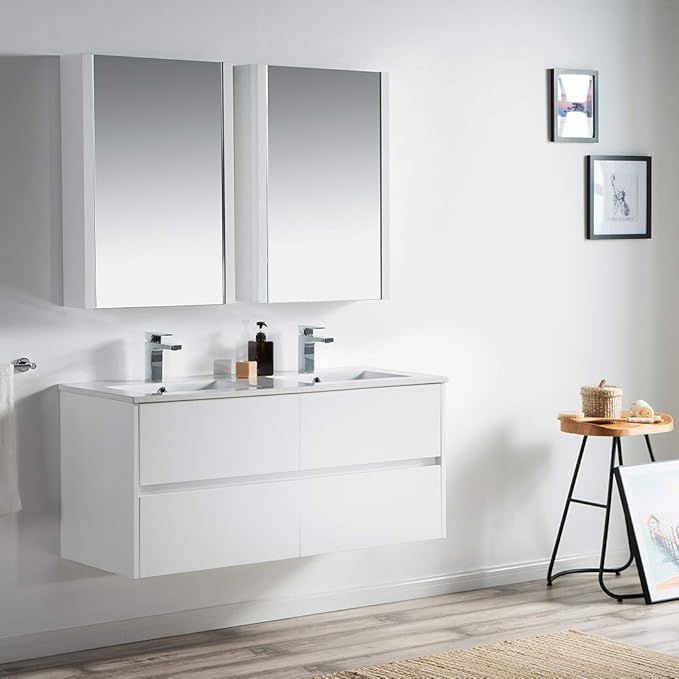 Blossom 48 Inch Bathroom Vanity with Double Ceramic Sinks and Mirror Medicine Cabinet | All Wood Floating Bathroom Vanity Cabinet | 2x2 Soft-Closing U-Shaped Cutout Drawers | 48 Inch, Glossy White