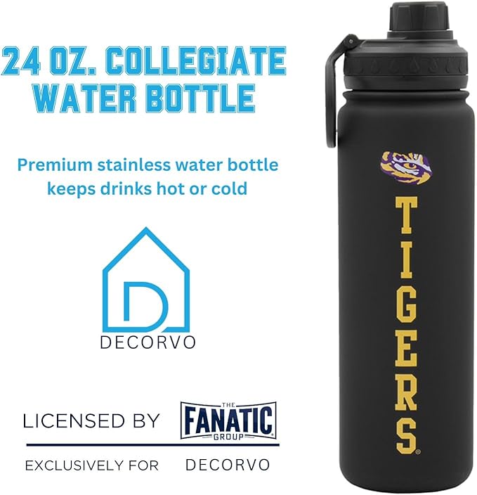 LSU Water Bottle - Black Double Walled Stainless Steel 24 oz Keeps Drinks Cold or Hot