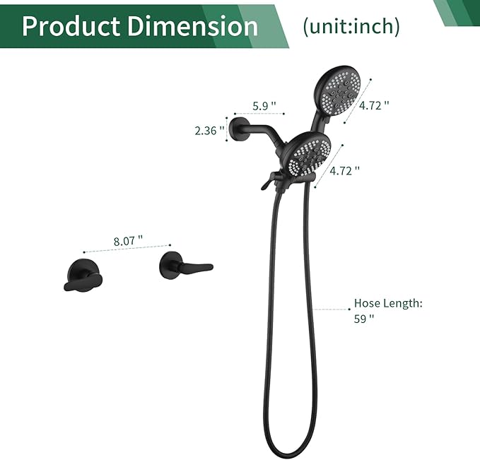 2 Handle Shower Faucet Shower System Complete 2 in 1 Shower Combo Set with Handheld Showerhead Shower Trim Kit Shower Fixtures Matte Black