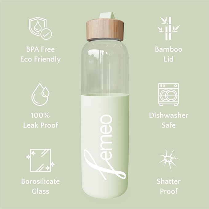 Femeo® Glass Water Bottle for Women | Eco, Yoga & Gym Friendly, 18oz | 100% Leakproof, BPA-Free, Dishwasher Safe, Borosilicate Drinking Glass Bamboo Sports Cap Mint