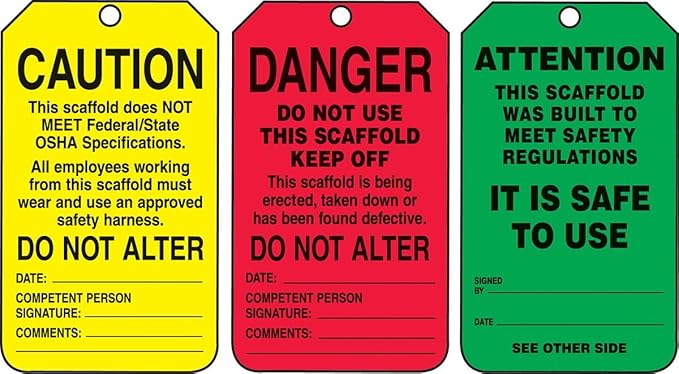 AccuformNMC Danger/Caution/Attention, Pack of 25 PF-Cardstock Scaffold Status Tag, Legend, 5.75" x 3.25", Black on Green/Yellow/Red, TSS200CTP, American Made Safety Tags, Signs, and Labels