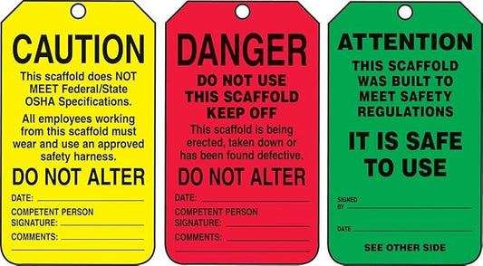AccuformNMC Danger/Caution/Attention, Pack of 25 PF-Cardstock Scaffold Status Tag, Legend, 5.75" x 3.25", Black on Green/Yellow/Red, TSS200CTP, American Made Safety Tags, Signs, and Labels