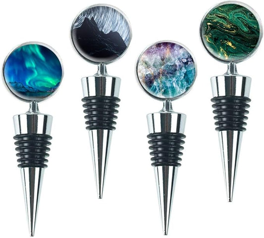 LIZIMANDU Wine Bottle Stoppers,Set of 4 Stainless Steel Wine Stoppers For Gifts, Bar, Holiday Party, Wedding(4-Quicksand Scenery)
