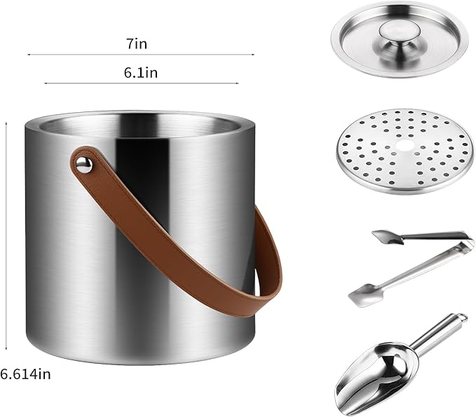 Double-Wall Vacuum Insulated Ice Bucket with Lid, Scoop, Ice Tong, Strainer & Leather Handle Keep Ice Frozen Longer Large Wine Ice Buckets for Cocktail Bar,Parties Chilling Beer Champagne 3L