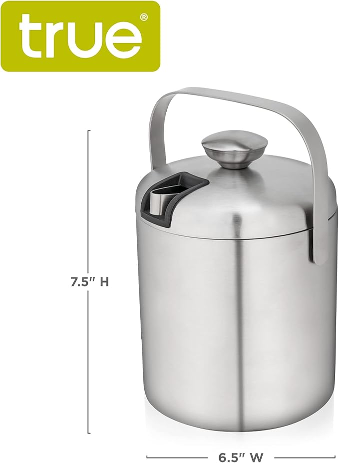 True Stainless Steel Ice Buckets for Parties with Lid, 1.3L Capacity Double Wall Ice Bucket with Tongs, Insulated Ice Bucket for Cocktail Bar, Set of 1