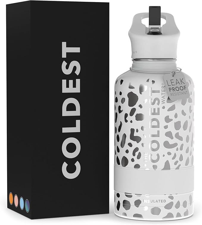 Coldest Sports Water Bottle - (Straw Lid), Leak Proof, Vacuum Insulated Stainless Steel, Hot Cold, Double Walled, Thermo Mug, Metal Canteen (64 oz, Silver Leopard)