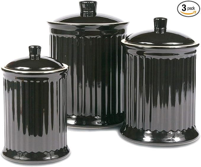Omniware Simsbury 3-Piece Canister Set - Stoneware Kitchen Storage with Silicone-Sealed Lids, Lead-Free Glaze & Dishwasher Safe - Rustic Farmhouse-Style Flour & Sugar Containers (Black)