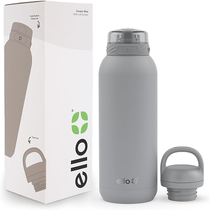 Ello Cooper 40oz Stainless Steel Water Bottle with 2 Lids Chug and Straw | Leak Proof | Double Walled and Vacuum Insulated | Built in Carry Loop | Dishwasher Safe | Gray