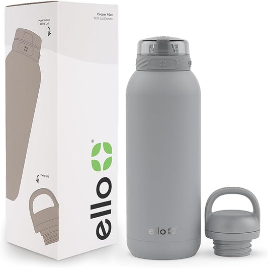 Ello Cooper 40oz Stainless Steel Water Bottle with 2 Lids Chug and Straw | Leak Proof | Double Walled and Vacuum Insulated | Built in Carry Loop | Dishwasher Safe | Gray