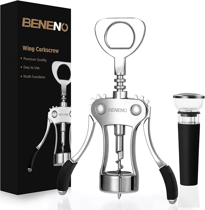 Wine Opener with Leak Proof Wine Vacuum Stopper, Zinc Alloy Premium Wing Corkscrew Wine Bottle Opener with Multifunctional Bottles Opener