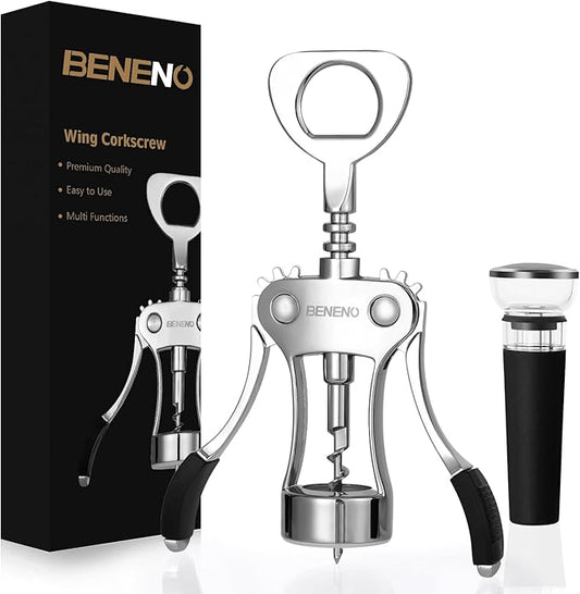 Wine Opener with Leak Proof Wine Vacuum Stopper, Zinc Alloy Premium Wing Corkscrew Wine Bottle Opener with Multifunctional Bottles Opener