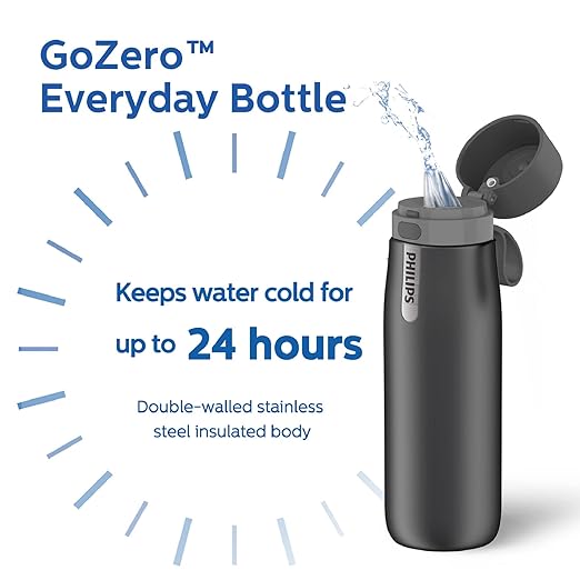 PHILIPS Insulated Stainless Steel Filtered Water Bottle with 3 Philips GoZero Everyday Tap Water Filters BPA Free Transform Tap Water into Healthy Tastier Water Keep Drink Hot/Cold, 18.6 oz, Grey