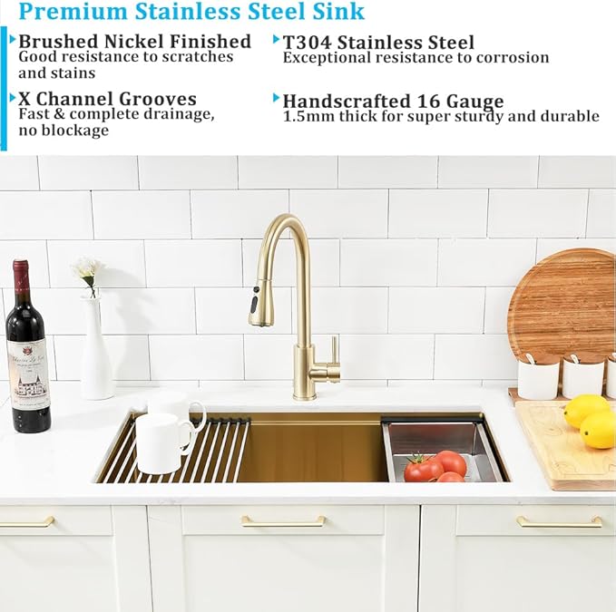 30 Inch Undermount Kitchen Sink Gold Stainless Steel Workstation Single Bowl 16 Gauge Over Counter Deep Kitchen Sink Basin