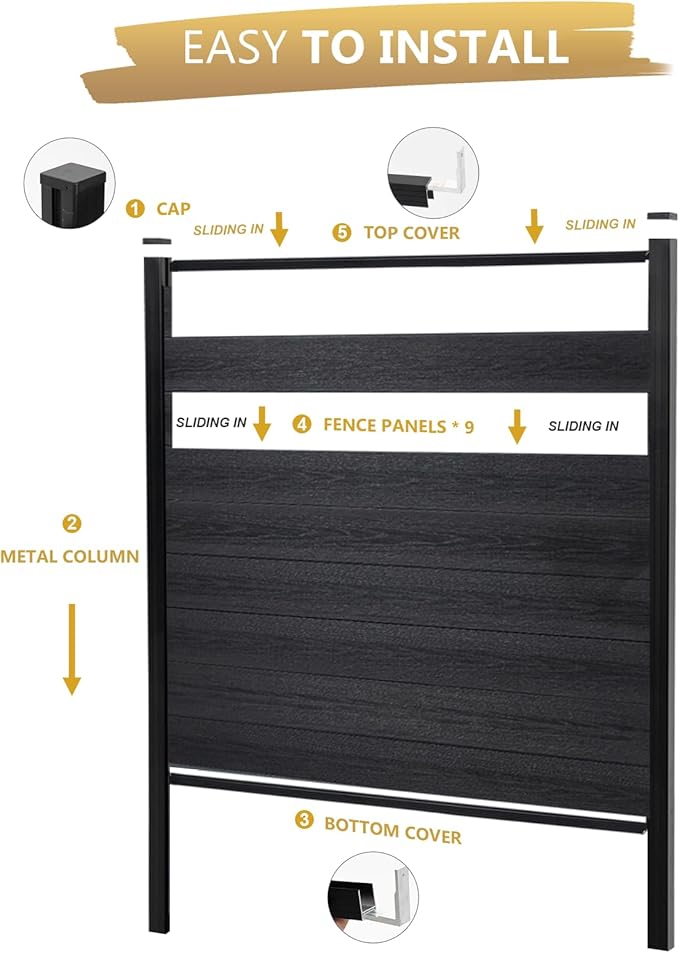 6 Feet×6 Feet Privacy Fence, Outdoor Wood Plastic Composite Fence Panel, Waterproof Security Barriers Fencing (Black with Two 7.6FT Posts)