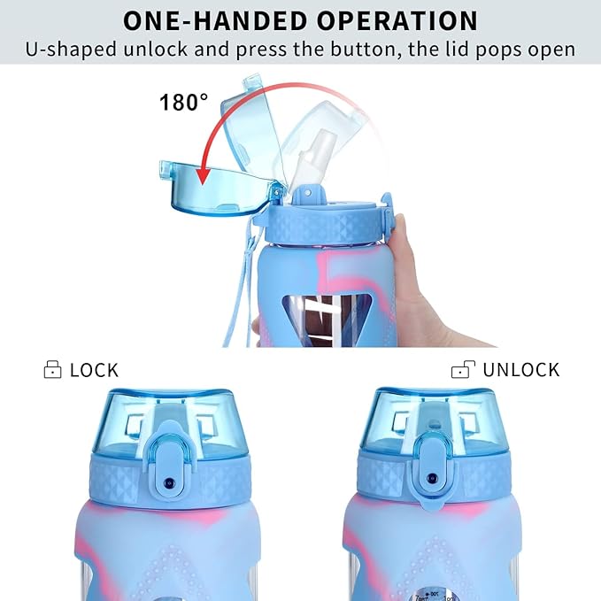 GOPPUS Glass Water Bottles with Straw and Flip Lid, Motivational Water Bottles with Time Marker Reminder and Silicone Sleeve, Leakproof, BPA Free (32 oz, Light Blue and Pink)