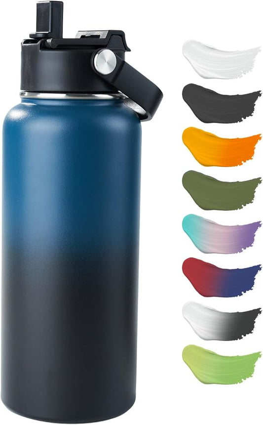 Kerilyn Stainless Steel Insulated Water Bottle, 32oz Double Wall Vacuum Insulated Water Bottle Leak Proof with Silicone Straw, Wide Mouth Lid, BPA Free, Keep Cold and Hot, 32oz, Blue Gradient