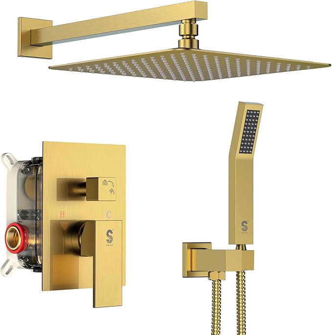 SR SUN RISE 12 Inches Bathroom Luxury Rain Mixer Shower Combo Set Wall Mounted Rainfall Shower Head System Brushed Nickel Finish Shower Faucet Rough-In (12 Inch, Brushed Gold)