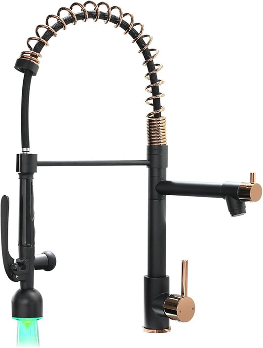 Fapully Commercial Single Handle Pull Down Sprayer Black&Rose Gold Kitchen Faucet,Kitchen Sink Faucet with LED Light