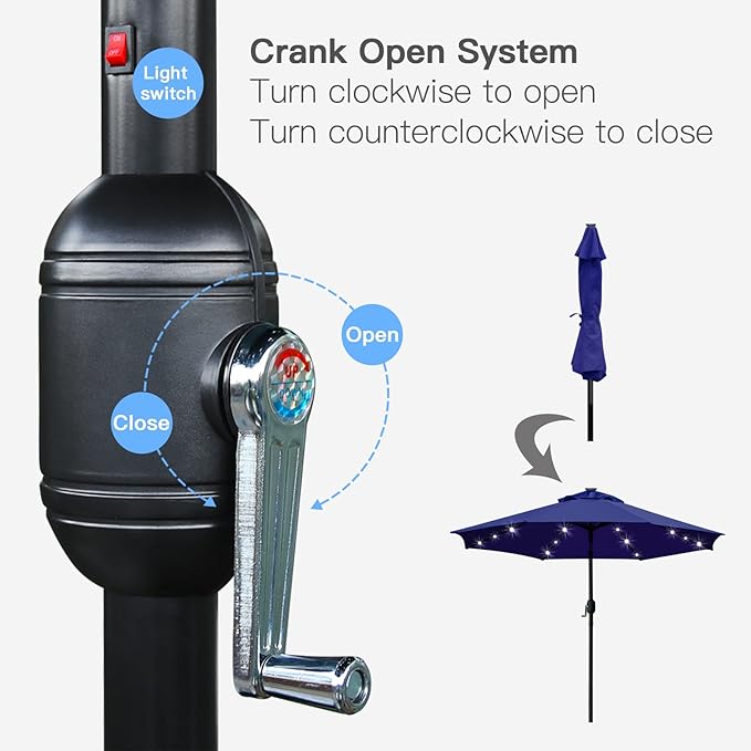 Sunnyglade 9' Solar LED Lighted Patio Umbrella with 8 Ribs/Tilt Adjustment and Crank Lift System (Navy Blue)