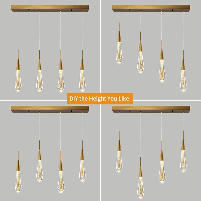 LMQNINE Kitchen Light Fixtures Ceiling Dimmable LED Modern Gold Pendant Light Mini Teardrop Crystal Pendant Light for Kitchen Island Bedroom Hallway Entryway (4-Light) (020)