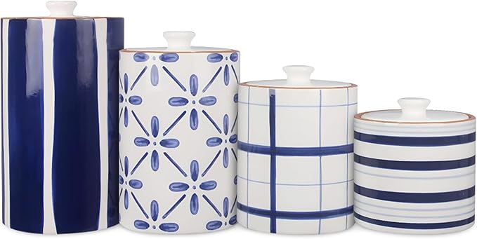 Young's Inc. 4 Pcs Set Cylindrical Ceramic Canisters- Storage Container for Kitchen and Bathroom - Beautiful Home Decor Accent to Store Food, Coffee, Tea, and More - White, Blue
