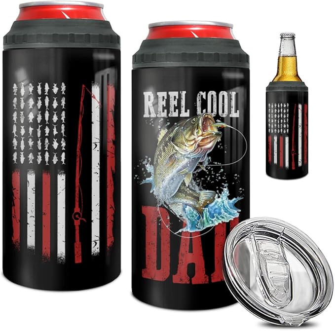winorax Fishing Gifts For Men Reel Cool Dad Tumbler Can Cooler 4-in-1 America Flag Stainless Steel 16oz Travel Cup Father's Day Birthday Gifts for Dad Fisherman Husband from Son Daughter Wife