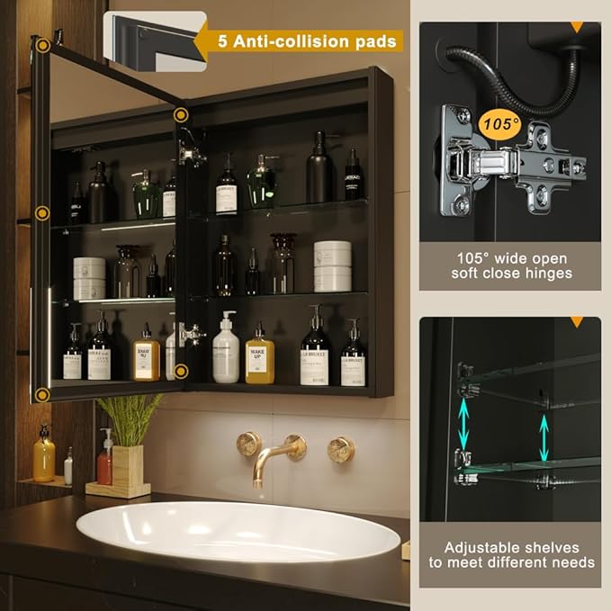 KWW LED Lighted Bathroom Medicine Cabinet with Sockets & USBs, Defogger, Dimmable, 3 Color Light Makeup Mirror, Easy to Install, Wall Mounted Cabinet (19.5 * 28)