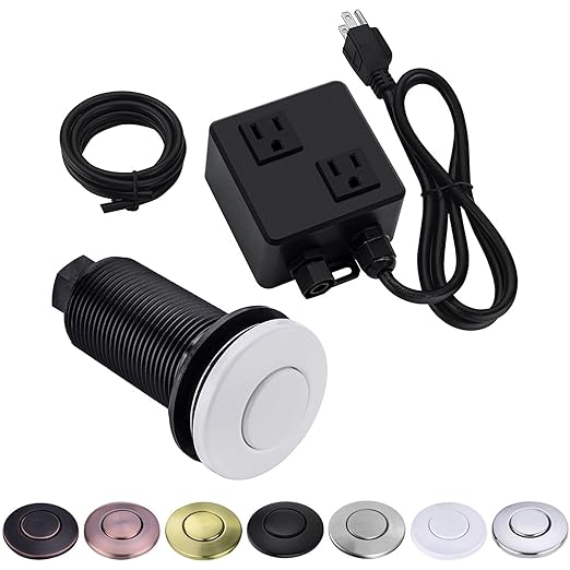 BESTILL Sink Top Air Switch for Disposal, Garbage Disposal Button with Brass Cover, Dual Outlet Long Push Button for Waste Disposer, White