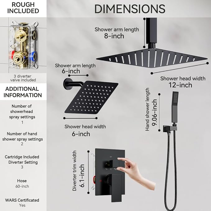 Shower Systems Shower Faucet Sets Matte Black, STARBATH 12+6" Dual Rain Shower Head with Handheld Spray for Two People, Ceiling Mount 3 Way Rainfall Shower Valve with 5 Diverter and Trim Kit Complete