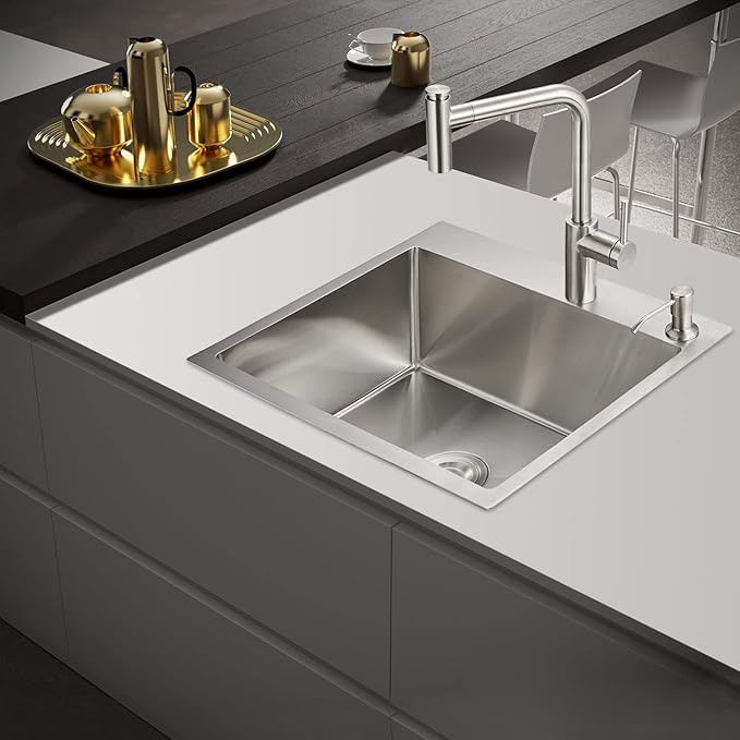 POPFLY 24×18 Inch Drop in Kitchen Sink, Topmount Handmade Single Bowl 18 Gauge 304 Stainless Steel Overmount Kitchen Sinks, Brushed