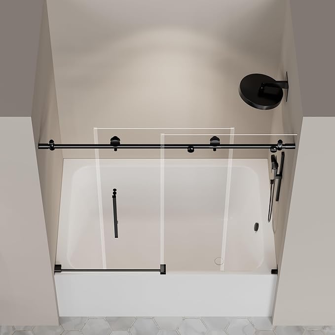 56"-60" W X 59" H Frameless Glass Sliding Tub Door,Soft-Close Bathroom Tub with 5/16"(8mm) Clear Tempered Glass,Explosion-Proof Film,Thick Bathtub Doors,Endurance,Modern Shower Door,Black