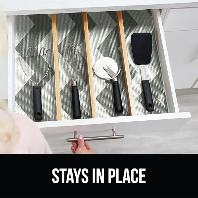 Gorilla Grip powerGRIP Drawer Shelf and Cabinet Liner, Thick Strong Hold, Non-Adhesive Liners Protect Kitchen Cabinets and Cupboard, Bathroom Drawers, Easy Install, Breathable Mat, 12" x30', Chevron
