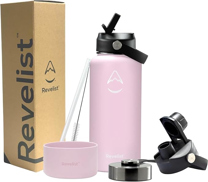 Revelist Sports Water Bottle - 32 Oz, 3 Lids (Straw Lid, Spout & Screw Top) with Boot, Vacuum Insulated Stainless Steel, Double Walled, Reusable Water Flask, Metal Canteen - Seashell Pink