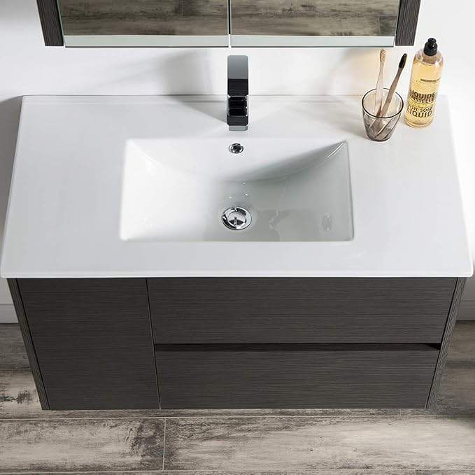 Blossom Single Bathroom Vanity with Ceramic Sink and Mirror Medicine Cabinet | All Wood Floating Vanity Cabinet | 2 Soft-Closing U-Shaped Cutout Drawers | 36 inch, Silver Grey