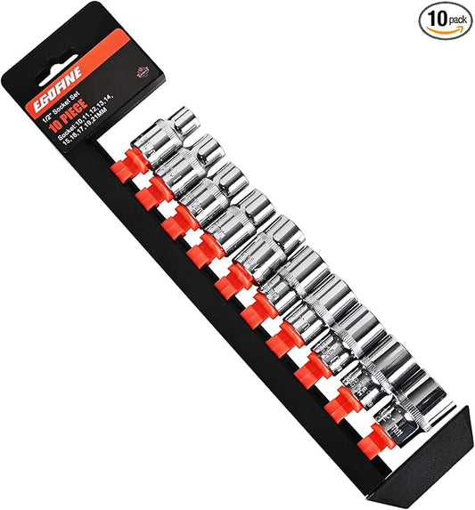 Egofine 10PCS 1/2” Drive Standard Socket Set,Shallow Socket Set,Metric Socket Set（10mm-21mm,6 Point Socket Set With Hanging Bracket,Cr-V Steel