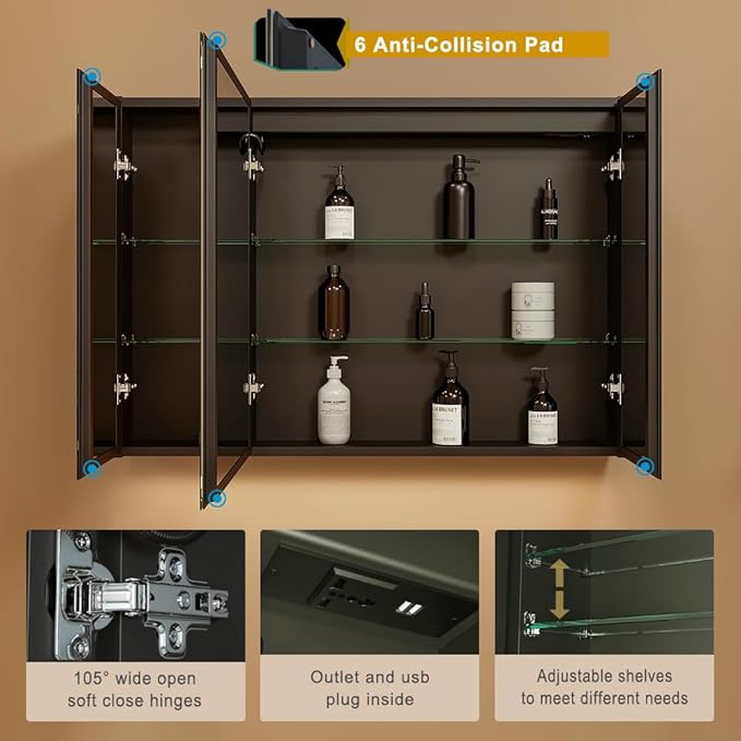 KWW LED Lighted Bathroom Medicine Cabinet with Sockets & USBs, Defogger, Dimmable, 3 Color Light Makeup Mirror, Easy to Install, Wall Mounted Cabinet (40 * 28)