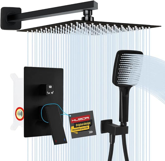 1Pc 304 Stainless Steel Shower Faucet Set, Rain Shower Head with Handheld Spray, Square Shower Head with 3 Setting Handheld Combo and Brass Valve Kit (Matte Black, 12 Inch Rain Shower Head)