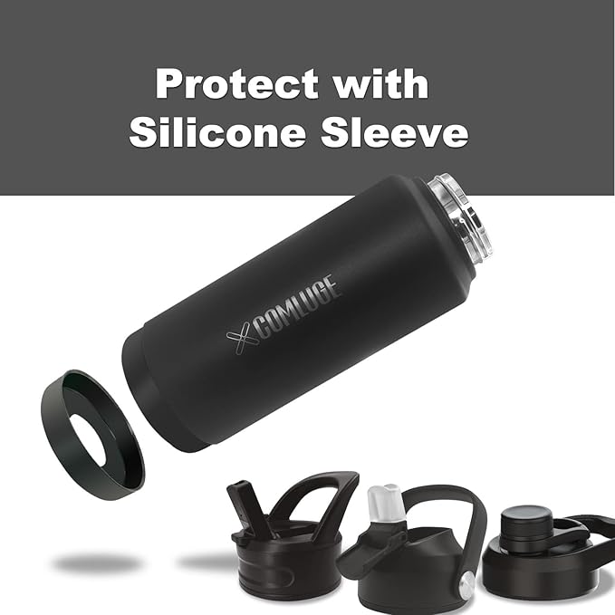 Black 32 oz insulated water bottle with straw stainless steel water bottle,double wall,leak proof water bottles with 3 lids,travel,gym mens water bottle (Black, 32oz)