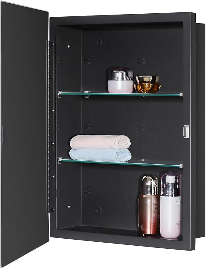 Black Bathroom Medicine Cabinet with Beveled Edge Mirrored Door 16 x 22 inch, Recessed or Surface Mount, with Adjustable Glass Shelves